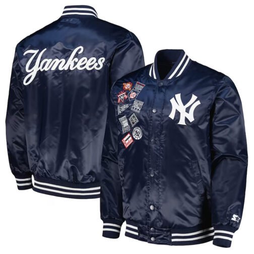 NY Yankees Patch Navy Satin Jacket - Image 3
