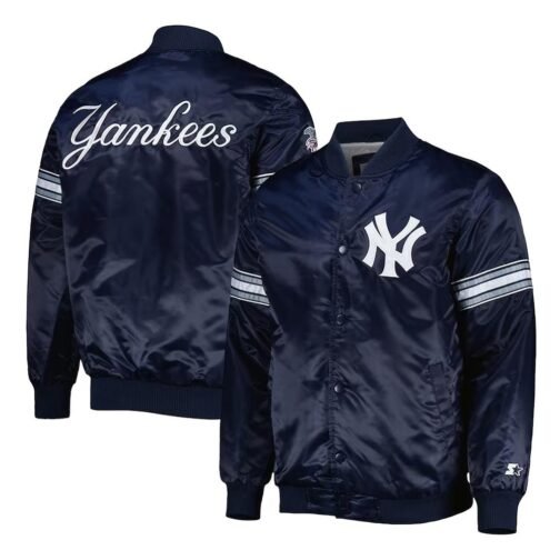 New York Yankees Pick & Roll Navy Blue Satin Jacket - Image 3