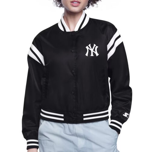 NY Yankees Printed Logo Varsity Satin Jacket - Image 3