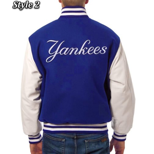 NY Yankees Navy Blue and White Letterman Jacket - Image 4