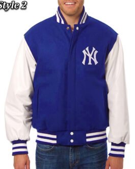 NY Yankees Navy Blue and White Letterman Jacket