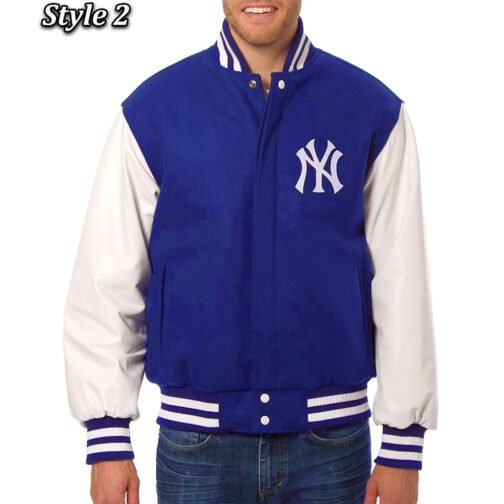 NY Yankees Navy Blue and White Letterman Jacket - Image 2