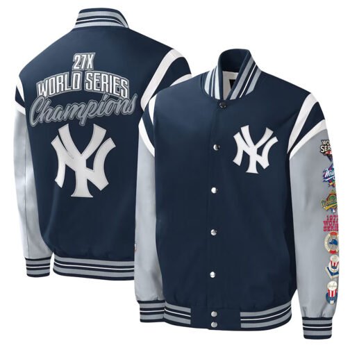 NY Yankees Title Holder Varsity Navy and Gray Satin Jacket - Image 3