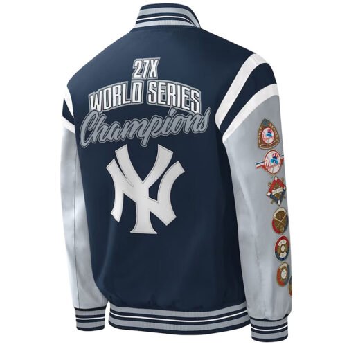 NY Yankees Title Holder Varsity Navy and Gray Satin Jacket - Image 2