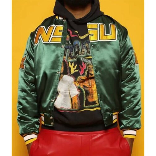 Men’s Embroidered Norfolk State University Green Bomber Jacket - Image 3