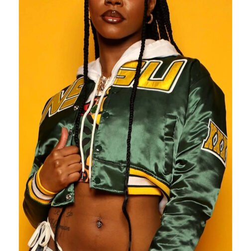 Women’s Cropped Norfolk State University Green Satin Jacket - Image 3