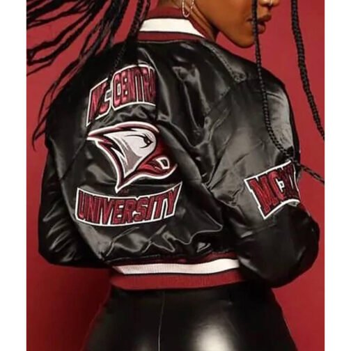 Women’s NC Central University Cropped Black Satin Jacket - Image 4