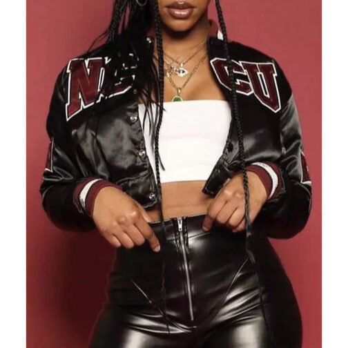 Women’s NC Central University Cropped Black Satin Jacket - Image 3