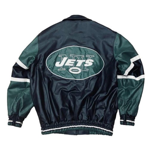 NY Jets Black and Green Varsity Leather Jacket - Image 2