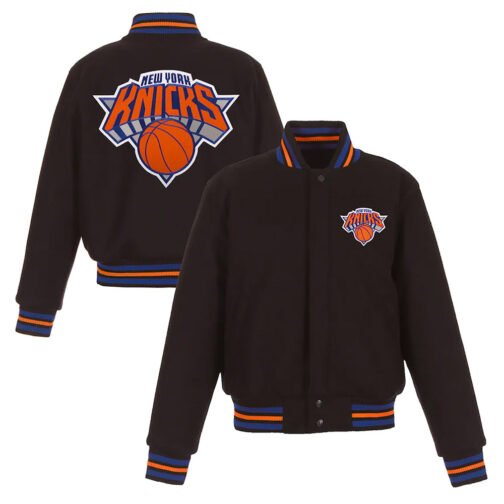 NY Knicks Embroidered Black Varsity Wool Jacket - Image 3