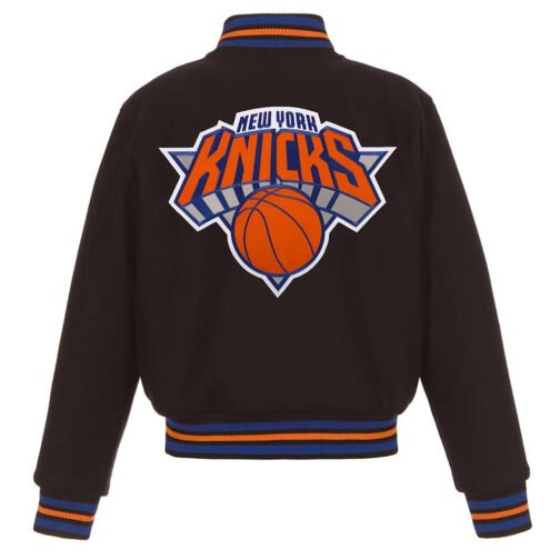 NY Knicks Embroidered Black Varsity Wool Jacket - Image 2