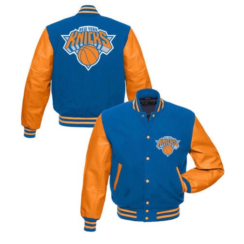 NY Knicks Blue and Orange Varsity Jacket - Image 3
