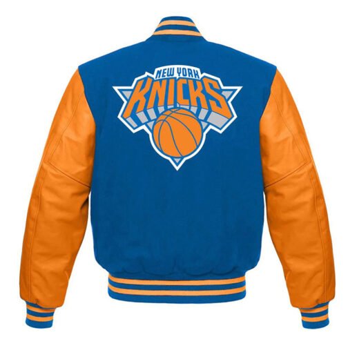 NY Knicks Blue and Orange Varsity Jacket - Image 2