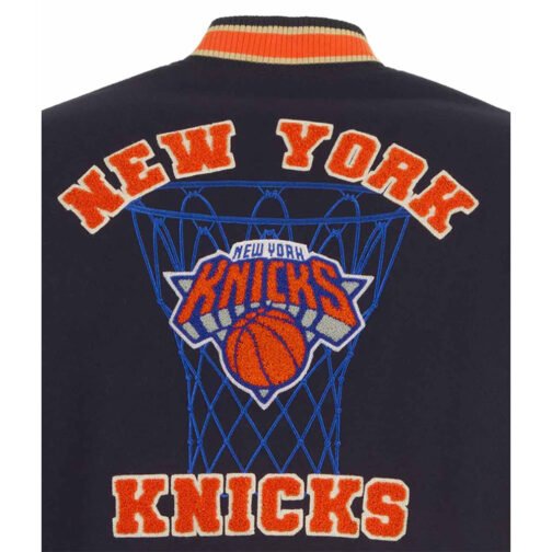 NY Knicks Chenille Navy and Off White Varsity Jacket - Image 5