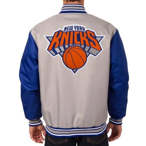 NY Knicks Gray and Royal Varsity Poly Twill Jacket - Image 2