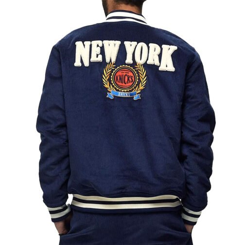 NY Knicks Navy Corduroy Varsity Jacket - Image 2