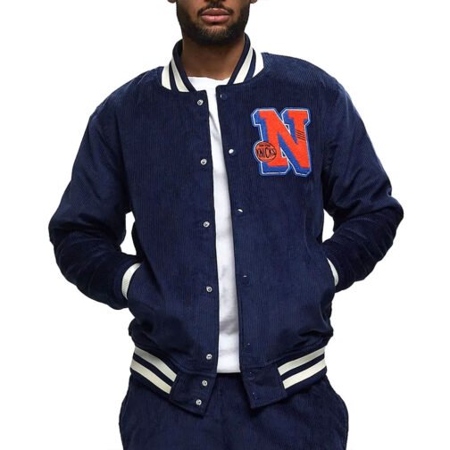 NY Knicks Navy Corduroy Varsity Jacket - Image 3