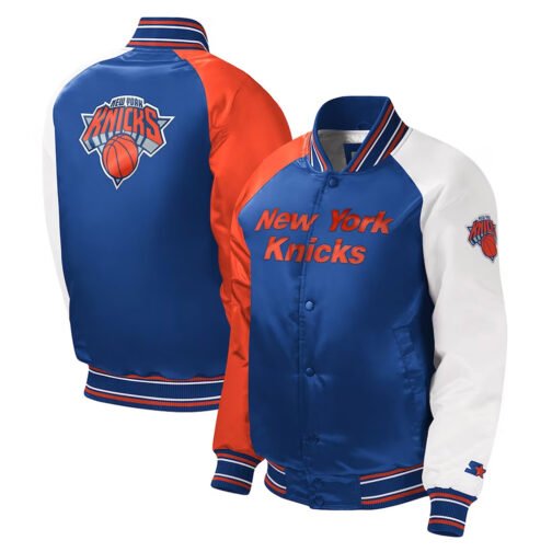 NY Knicks Youth Royal Varsity Satin Jacket - Image 3