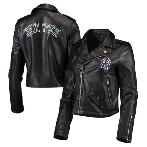 Biker NY Yankees Black Leather Jacket - Image 3