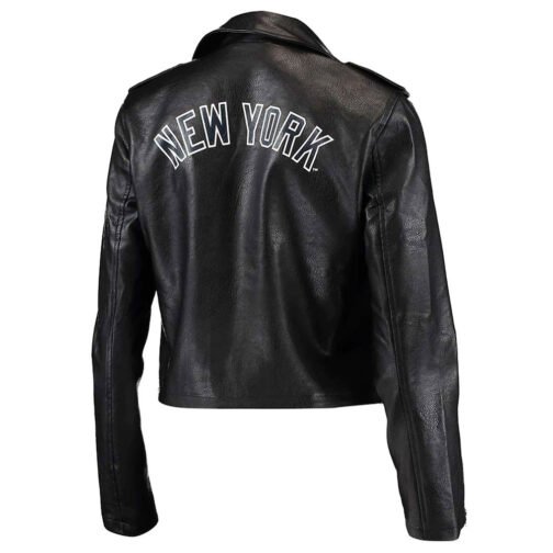 Biker NY Yankees Black Leather Jacket - Image 2