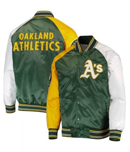 Oakland Athletics Reliever Satin Green and Yellow Varsity Jacket - Image 3