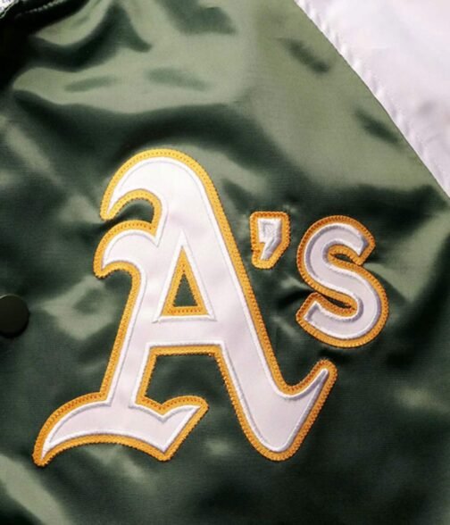 Oakland Athletics Reliever Satin Green and Yellow Varsity Jacket - Image 4
