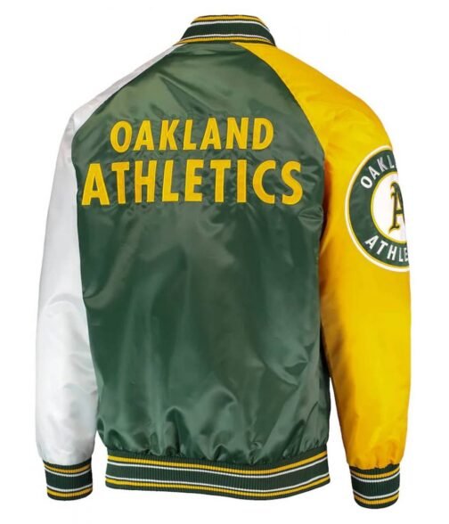 Oakland Athletics Reliever Satin Green and Yellow Varsity Jacket - Image 2