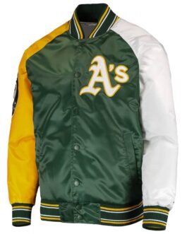 Oakland Athletics Reliever Satin Green and Yellow Varsity Jacket