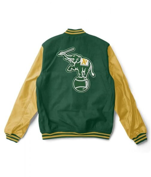 Varsity Oakland Athletics Yellow and Green Wool/Leather Jacket - Image 2