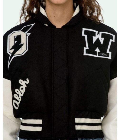 Varsity Off White Cropped Black and White Jacket - Image 6