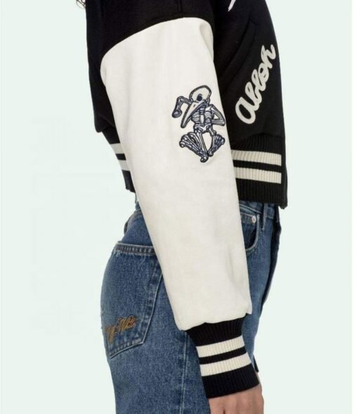 Varsity Off White Cropped Black and White Jacket - Image 7
