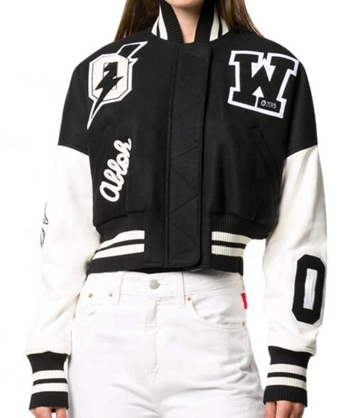 Varsity Off White Cropped Black and White Jacket - Image 2