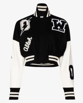 Varsity Off White Cropped Black and White Jacket