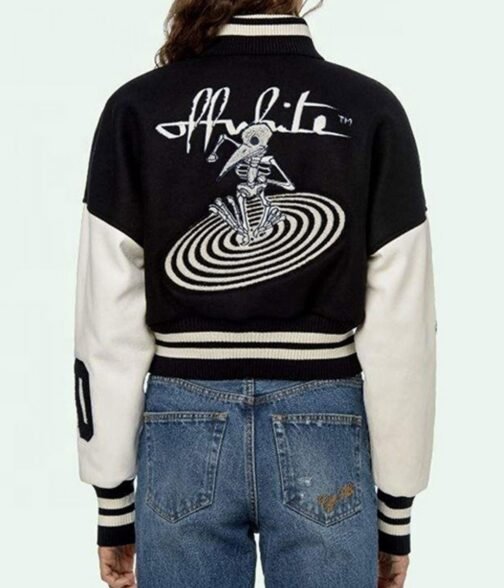 Varsity Off White Cropped Black and White Jacket - Image 3