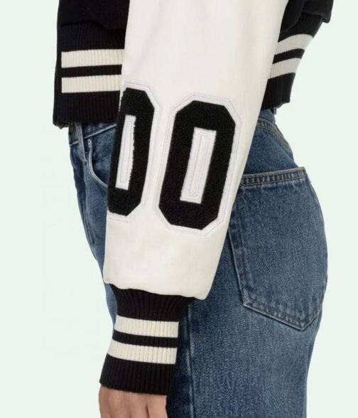 Varsity Off White Cropped Black and White Jacket - Image 8