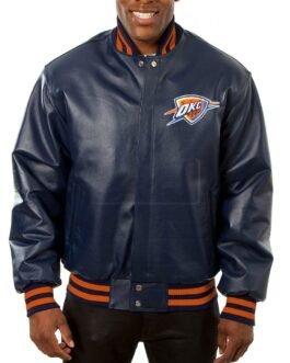 Varsity Oklahoma City Thunder Navy Blue Leather Jacket