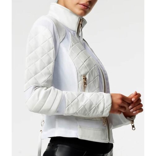 Bayley WWE Pay-Per-View Moto White Quilted Leather Jacket - Image 5