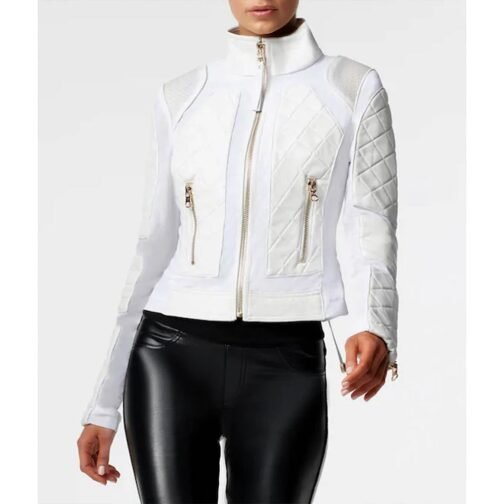 Bayley WWE Pay-Per-View Moto White Quilted Leather Jacket - Image 4