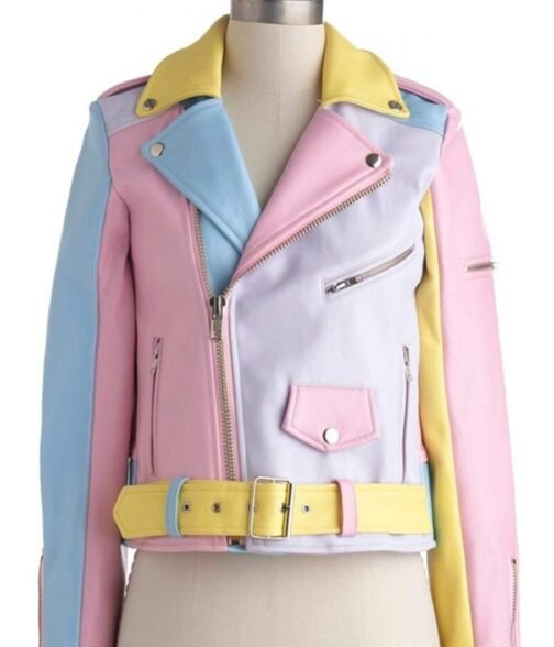 Women’s Moto Rainbow Pastel Faux Leather Jacket - Image 5