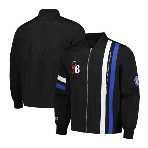 Philadelphia 76ers Black Stitch Applique Bomber Jacket - Image 3