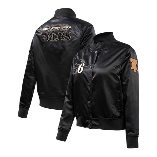 Philadelphia 76ers Glam Black Varsity Satin Jacket - Image 4