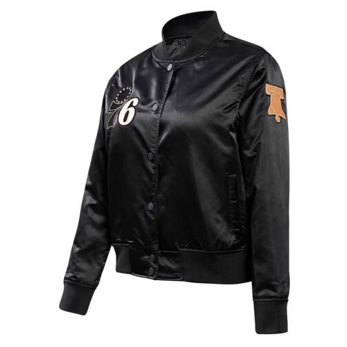 Philadelphia 76ers Glam Black Varsity Satin Jacket - Image 3