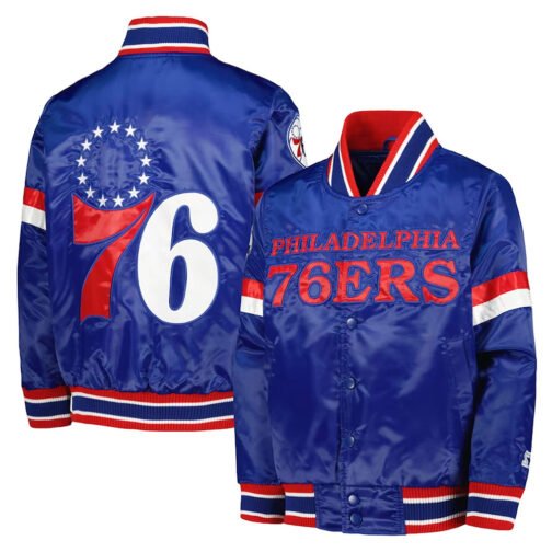 Philadelphia 76ers Home Game Royal Satin Jacket - Image 3