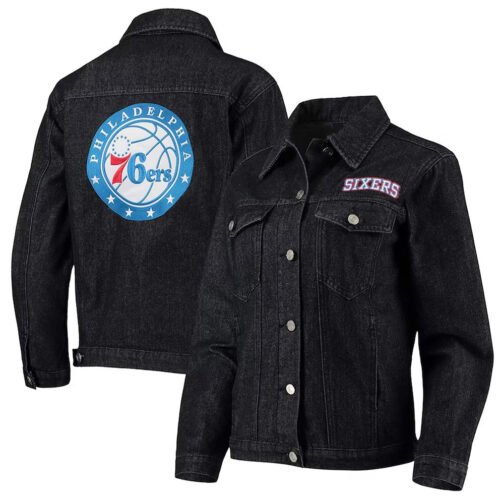 Philadelphia 76ers Patch Black Denim Button-Up Jacket - Image 3