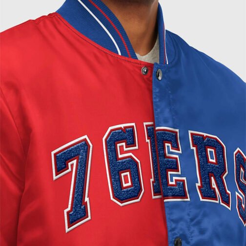 Varsity Philadelphia 76ers Blue and Red Satin Jacket - Image 3