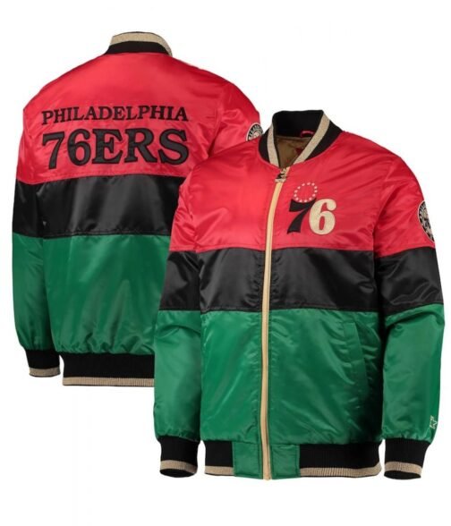 Philadelphia 76ers Red/Black/Green Satin Full-Zip Jacket - Image 3