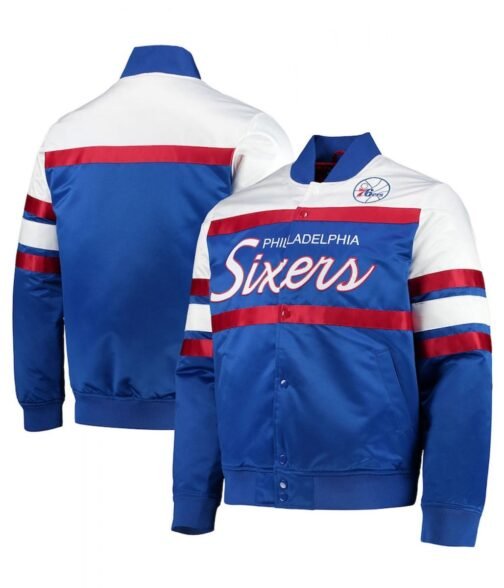 Hardwood Classics Script Philadelphia 76ers Royal Satin Full-Snap Jacket - Image 3