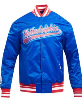 Philadelphia 76ers Script Tail Royal Satin Jacket