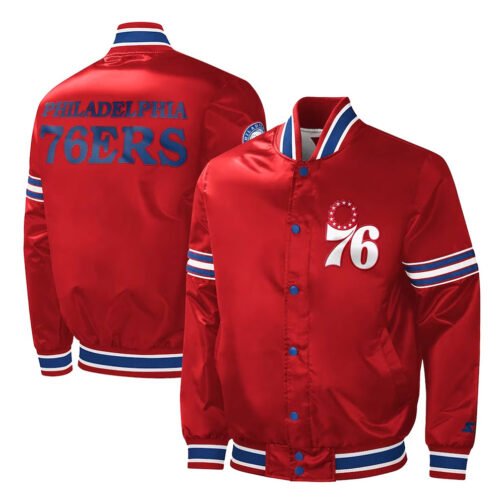 Philadelphia 76ers Slider Red Varsity Satin Jacket - Image 3