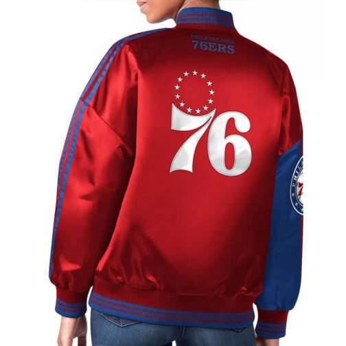 Philadelphia 76ers Split Colorblock Blue and Red Satin Jacket - Image 2